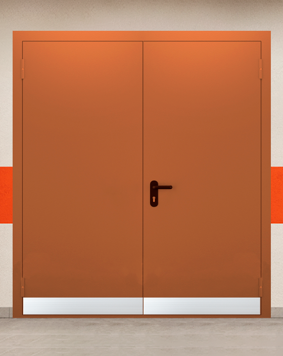 Противопожарная двупольная коричневая дверь EIS 60 без доводчика с узким отбойником