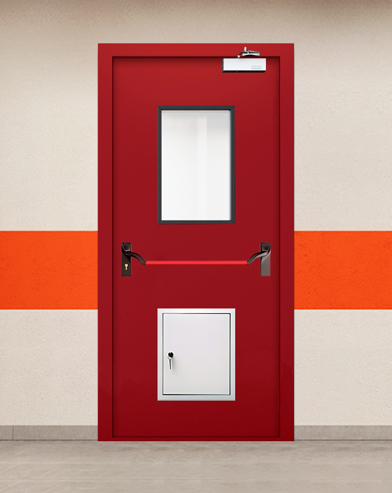 Противопожарная однопольная красная дверь EIWS 60 с ручкой антипаника, прямоугольным окном, стыковочным узлом