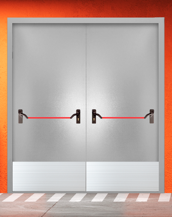 Противопожарная двупольная серая дверь порошковым напылением EIS 30 без доводчика с ручкой антипаника, широким отбойником