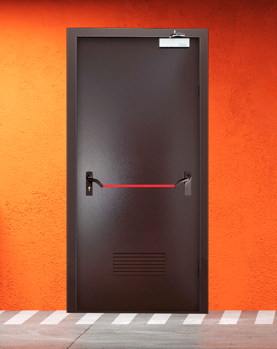 Противопожарная однопольная коричневая дверь порошковым напылением EIWS 45 с ручкой антипаника, прямоугольной решеткой