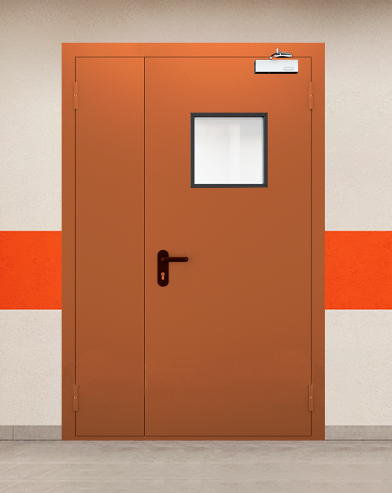 Противопожарная полуторная коричневая дверь EI 45 с квадратным окном