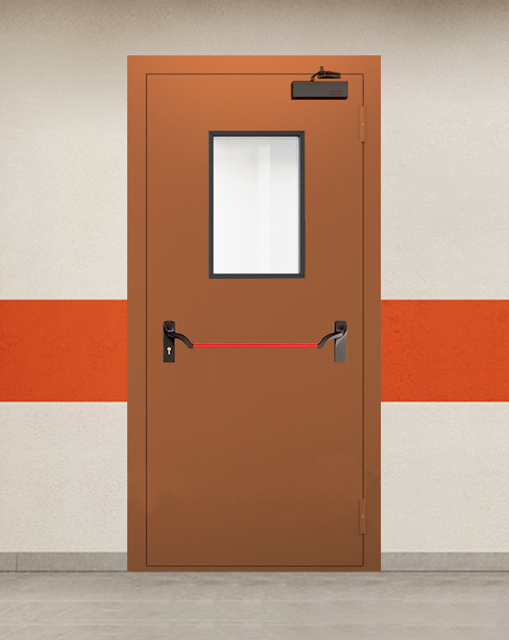 Противопожарная однопольная коричневая дверь EI 90 с ручкой антипаника, прямоугольным окном