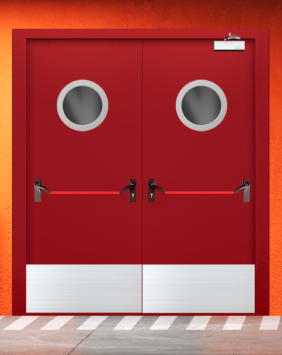 Противопожарная двупольная красная дверь EIW 45 с ручкой антипаника, круглым окном, широким отбойником
