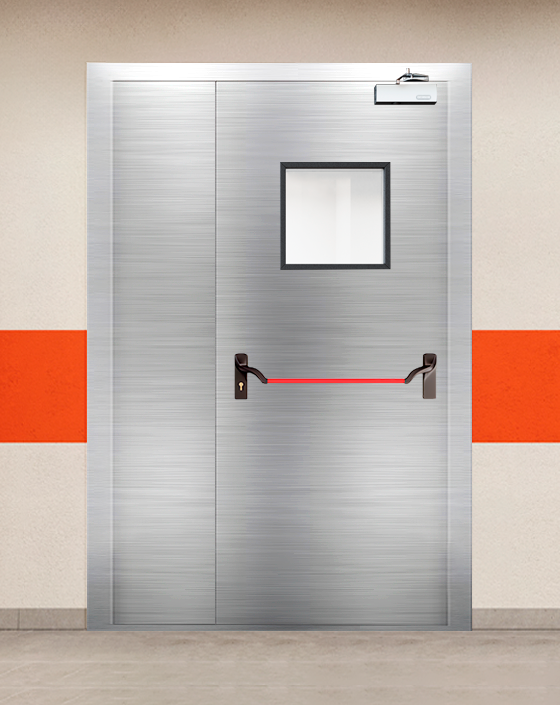 Противопожарная полуторная из нержавеющей стали серая дверь EIS 30 с ручкой антипаника, квадратным окном