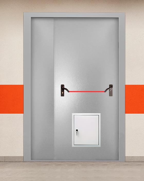 Противопожарная полуторная серая дверь порошковым напылением EI-90 без доводчика с ручкой антипаника, стыковочным узлом