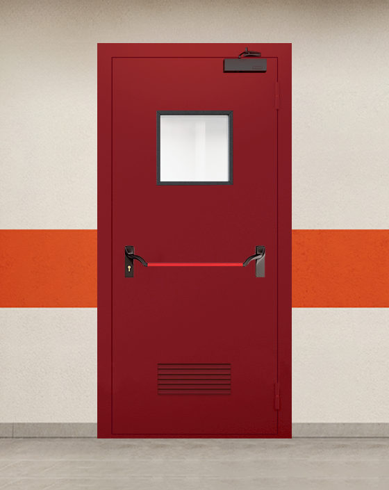 Противопожарная однопольная красная дверь EI 90 с ручкой антипаника, квадратным окном, прямоугольной решеткой