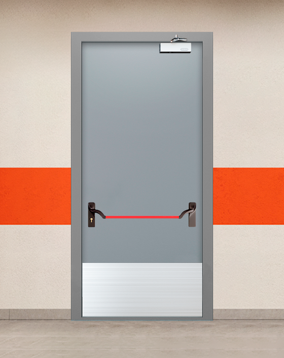 Противопожарная однопольная серая дверь EIS 60 с ручкой антипаника, широким отбойником