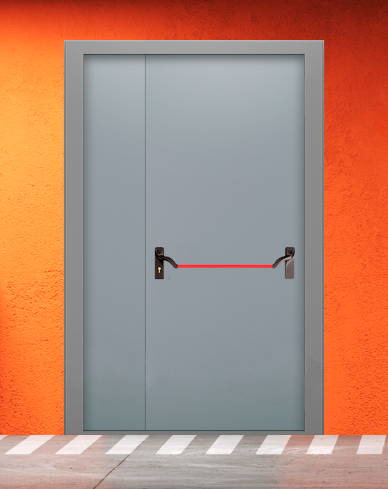 Противопожарная полуторная серая дверь EI 60 (2-го типа) без доводчика с ручкой антипаника