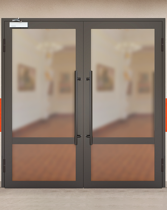 Противопожарная двупольная светопрозрачная стальная коричневая дверь EIW 60 с ручками скобами