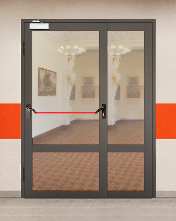 Противопожарная полуторная светопрозрачная стальная коричневая дверь EIW 60 с ручкой антипаника