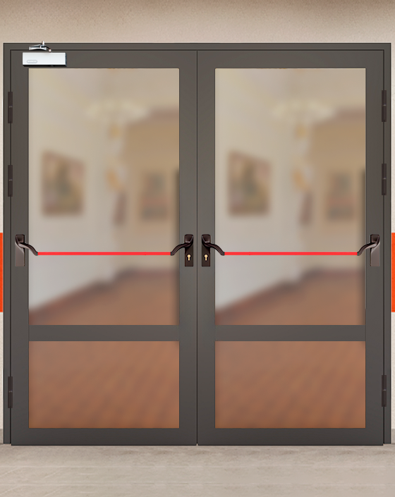 Противопожарная двупольная светопрозрачная стальная коричневая дверь EIW 30 с ручкой антипаника