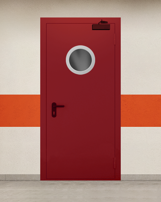 Противопожарная однопольная красная дверь EI 45 с круглым окном