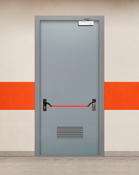 Противопожарная однопольная серая дверь EIS 60 с ручкой антипаника, прямоугольной решеткой