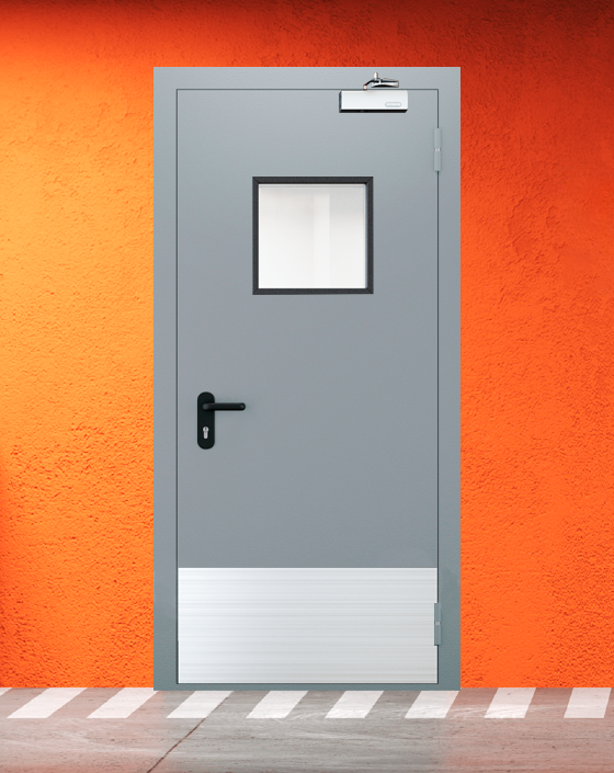 Противопожарная однопольная серая дверь EI 30 (3-го типа) с квадратным окном, широким отбойником