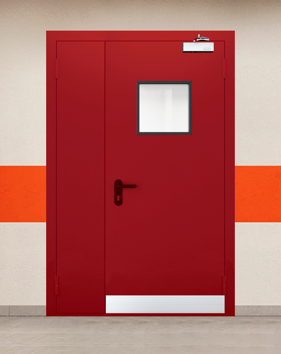 Противопожарная полуторная красная дверь EI 60 (2-го типа) с квадратным окном, узким отбойником