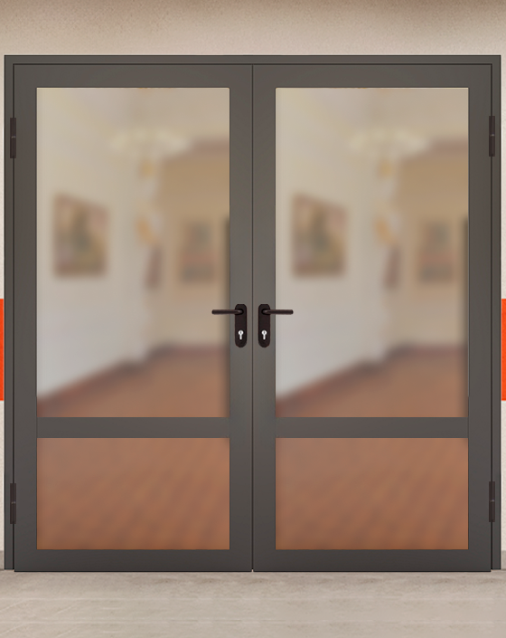 Противопожарная двупольная светопрозрачная стальная коричневая дверь EIW 30 без доводчика