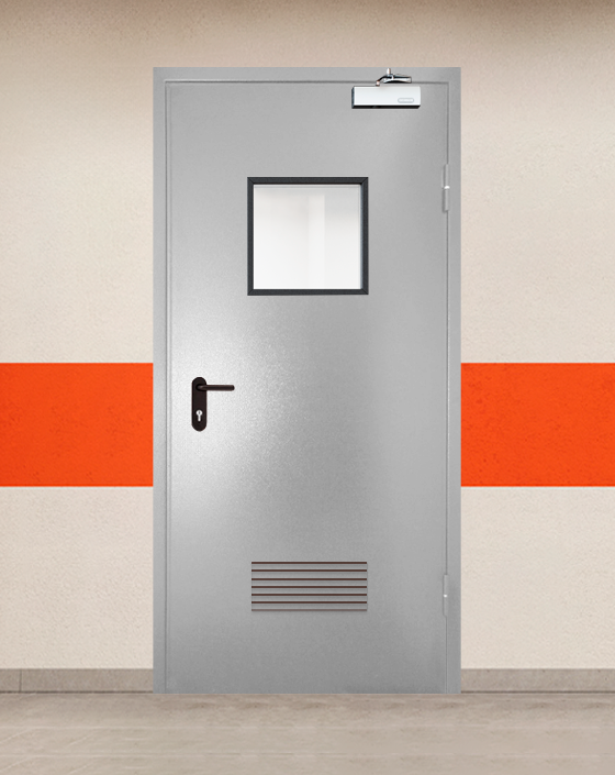 Противопожарная однопольная серая дверь порошковым напылением EI 45 с квадратным окном, прямоугольной решеткой