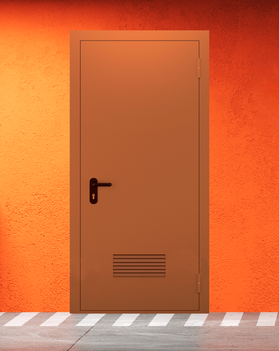 Противопожарная однопольная коричневая дверь EI 60 (2-го типа) без доводчика с прямоугольной решеткой