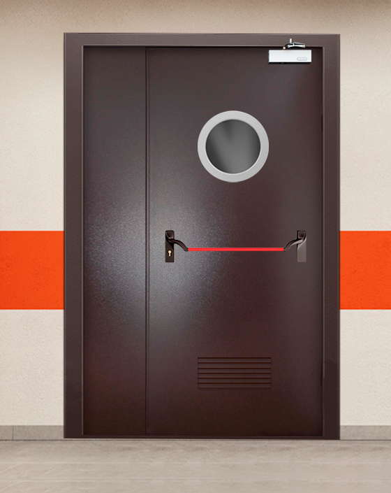 Противопожарная полуторная коричневая дверь порошковым напылением EIS 90 с ручкой антипаника, круглым окном, прямоугольной решеткой