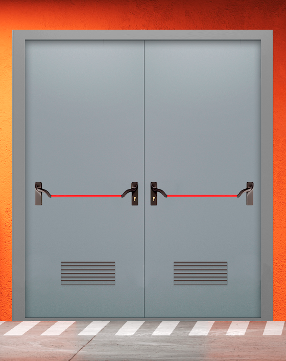 Противопожарная двупольная серая дверь EI 30 (3-го типа) без доводчика с ручкой антипаника, прямоугольной решеткой