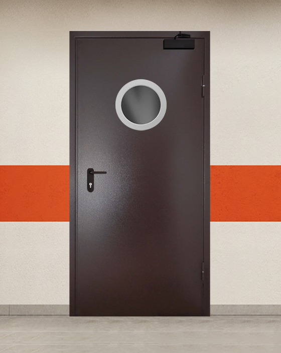 Противопожарная однопольная коричневая дверь порошковым напылением EI 90 с круглым окном