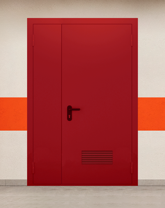 Противопожарная полуторная красная дверь EI 60 (2-го типа) без доводчика с прямоугольной решеткой