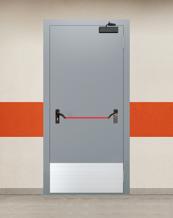 Противопожарная однопольная серая дверь EI 90 с ручкой антипаника, широким отбойником