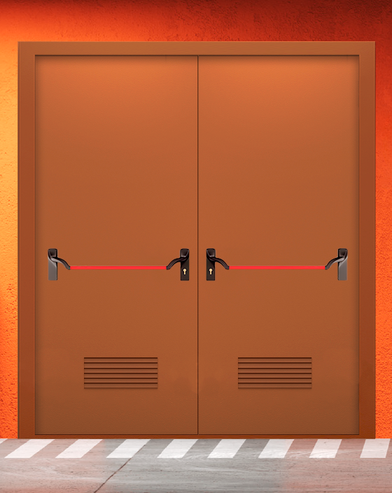 Противопожарная двупольная коричневая дверь EIS 60 без доводчика с ручкой антипаника, прямоугольной решеткой