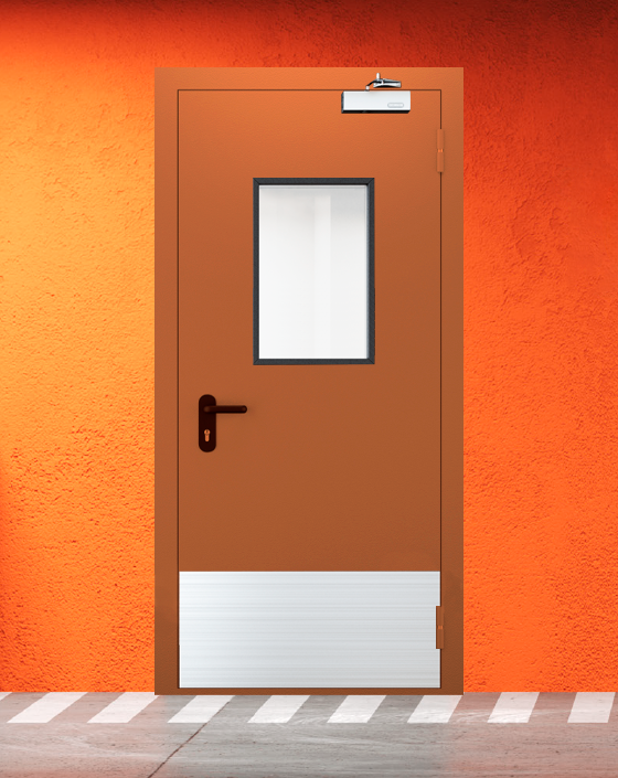 Противопожарная однопольная коричневая дверь EI 60 (2-го типа) с прямоугольным окном, широким отбойником