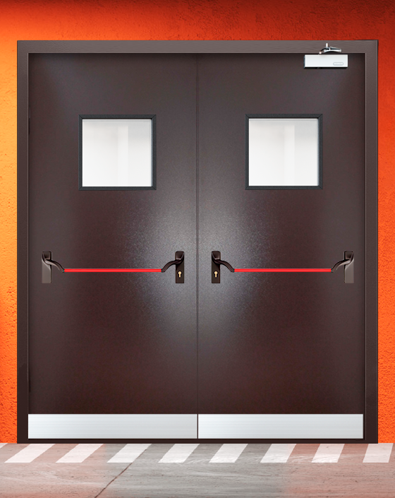 Противопожарная двупольная коричневая дверь порошковым напылением EIWS 60 с ручкой антипаника, квадратным окном, узким отбойником