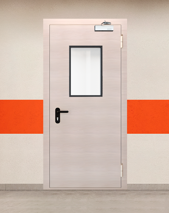 Противопожарная однопольная МДФ бежевая дверь EI-90 с прямоугольным окном