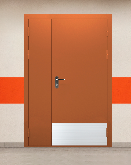 Противопожарная полуторная коричневая дверь EIS 45 без доводчика с блестящей ручкой, широким отбойником