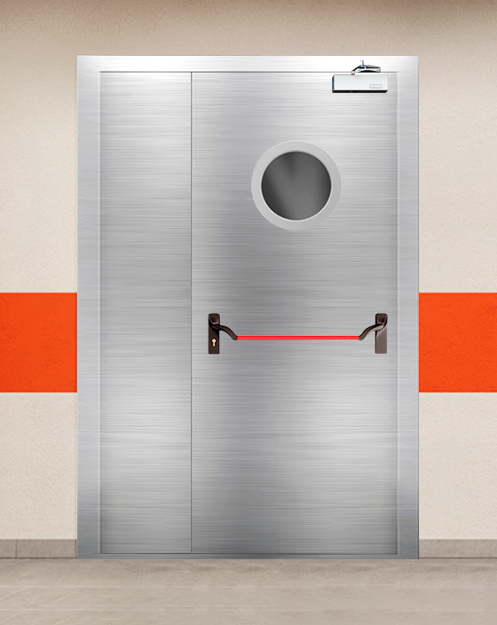 Противопожарная полуторная из нержавеющей стали серая дверь EIS 30 с ручкой антипаника, круглым окном