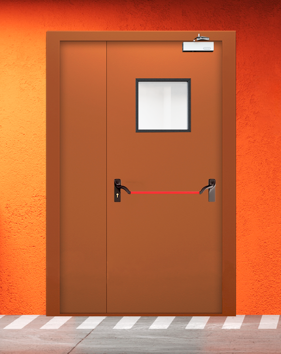 Противопожарная полуторная коричневая дверь EIS 60 с ручкой антипаника, квадратным окном