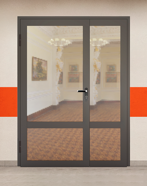 Противопожарная полуторная светопрозрачная стальная коричневая дверь EIW 60 без доводчика