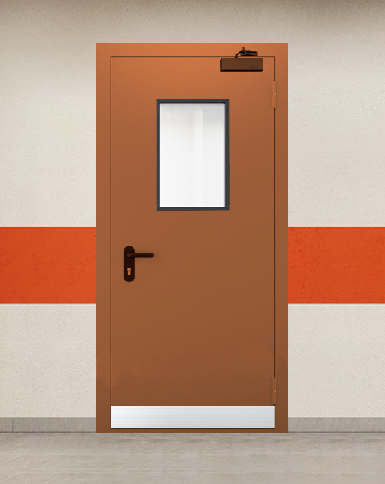 Противопожарная однопольная коричневая дверь EI 45 с прямоугольным окном, узким отбойником