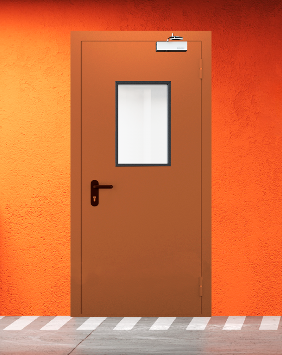 Противопожарная однопольная коричневая дверь EI 60 (2-го типа) с прямоугольным окном