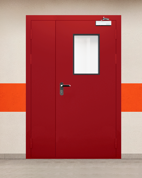 Противопожарная полуторная красная дверь EIWS 30 с блестящей ручкой, прямоугольным окном