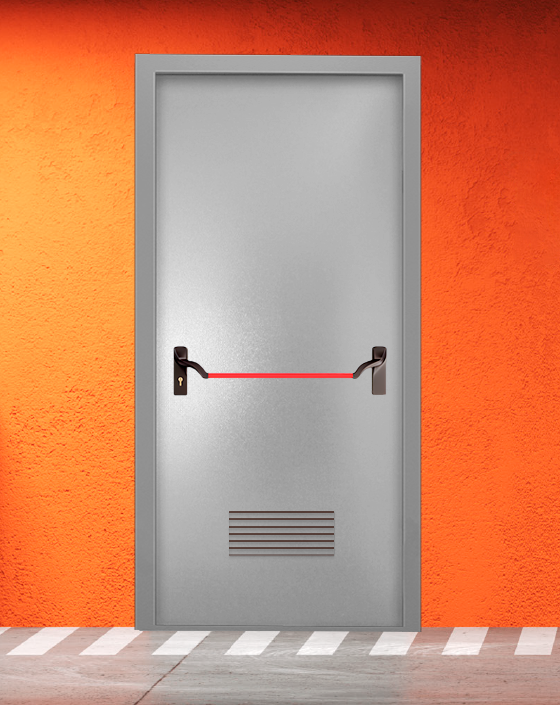 Противопожарная однопольная серая дверь порошковым напылением EIS 45 без доводчика с ручкой антипаника, прямоугольной решеткой