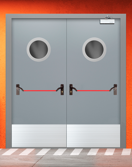 Противопожарная двупольная серая дверь EI 30 (3-го типа) с ручкой антипаника, круглым окном, широким отбойником