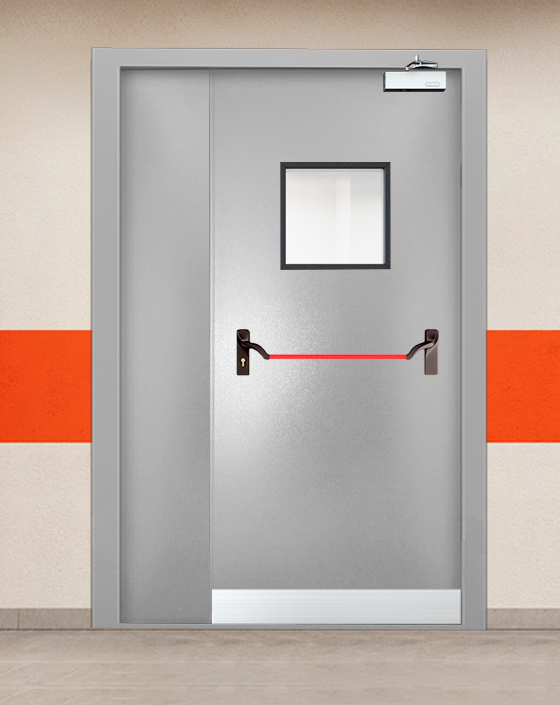 Противопожарная полуторная серая дверь порошковым напылением EI-90 с ручкой антипаника, квадратным окном, узким отбойником