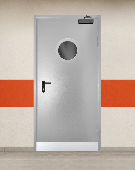 Противопожарная однопольная серая дверь порошковым напылением EI 90 с круглым окном, узким отбойником 