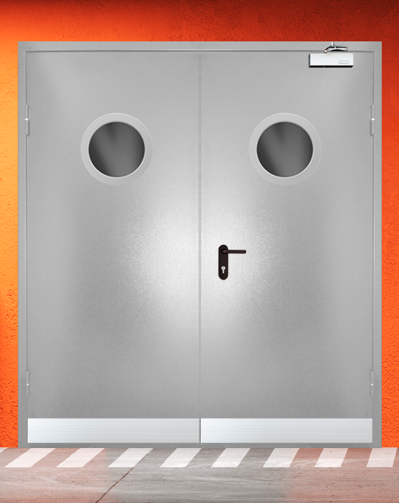 Противопожарная двупольная серая дверь порошковым напылением EIW 30 с круглым окном, узким отбойником