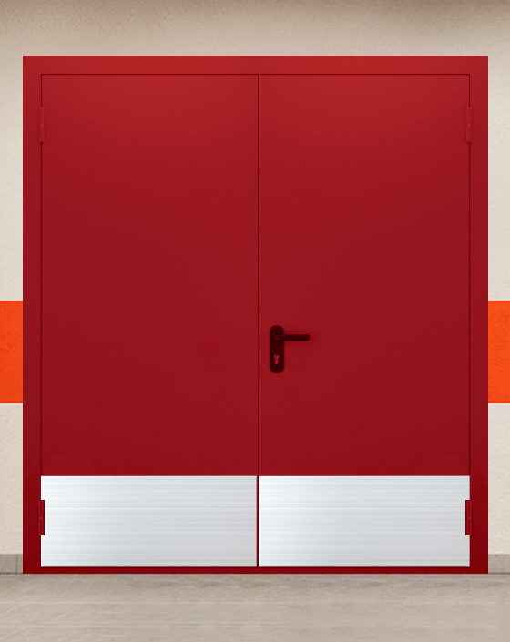 Противопожарная двупольная красная дверь EIWS 90 без доводчика с широким отбойником