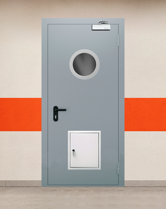 Противопожарная однопольная серая дверь EI 30 (3-го типа) с круглым окном, стыковочным узлом