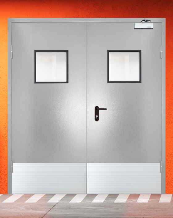 Противопожарная двупольная серая дверь порошковым напылением EIW 30 с квадратным окном, широким отбойником