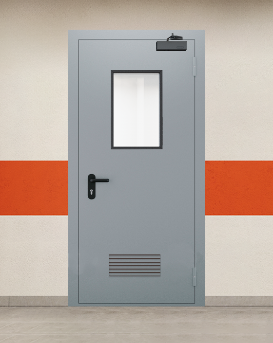 Противопожарная однопольная серая дверь EI 45 с прямоугольным окном, прямоугольной решеткой