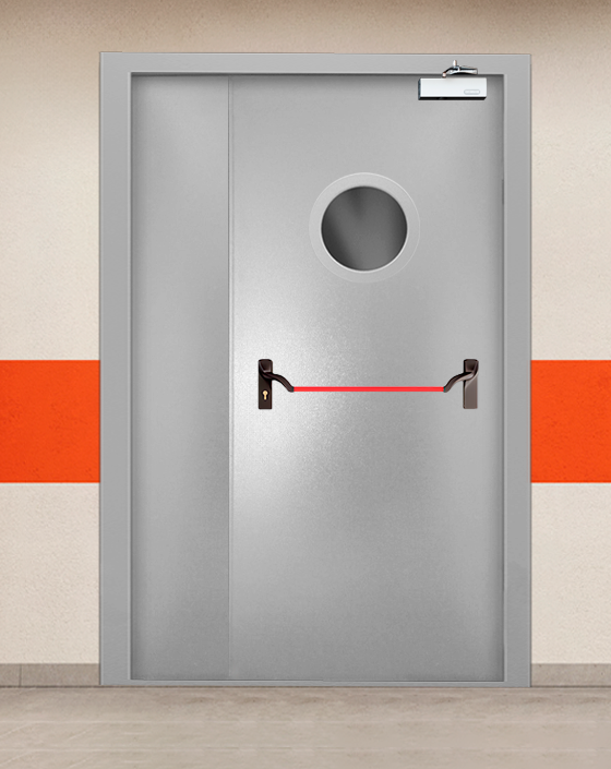 Противопожарная полуторная серая дверь порошковым напылением EI-90 с ручкой антипаника, круглым окном