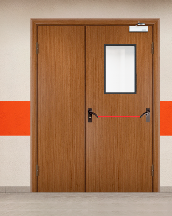 Противопожарная полуторная шпон дверь с ручкой антипаника, прямоугольным окном