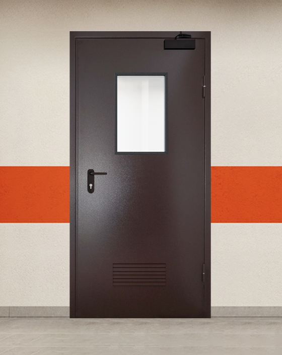 Противопожарная однопольная коричневая дверь порошковым напылением EI 90 с прямоугольным окном, прямоугольной решеткой
